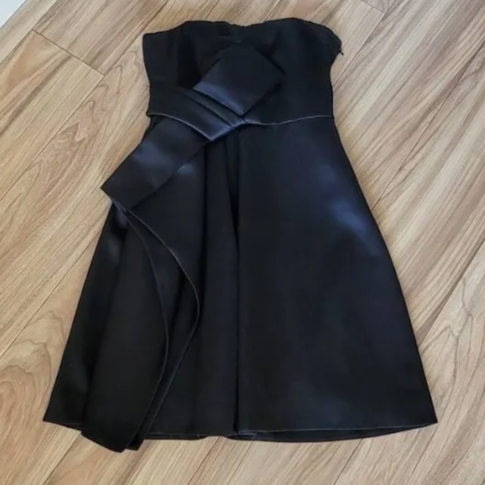 Halston Heritage Satin Strapless Bow Front Cascading Cocktail Dress sz 4